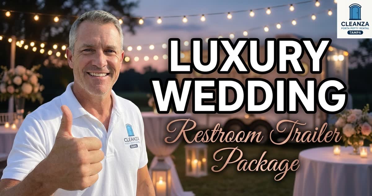 Luxury restroom trailer set up at a lakefront estate wedding venue near Tampa